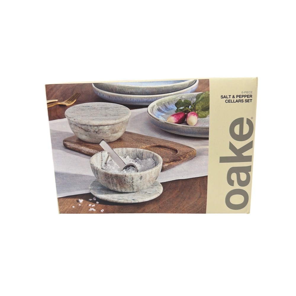 Oake 6-Piece Marble and‎ Acacia Wood Salt and Pepper Cellars Set with Spoons